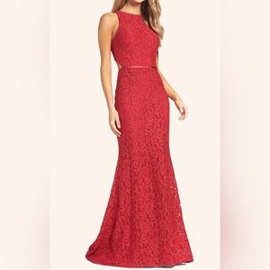 MAC DUGGAL red lace fitted bodice mermaid skirt keyhole back gown dress sz 4